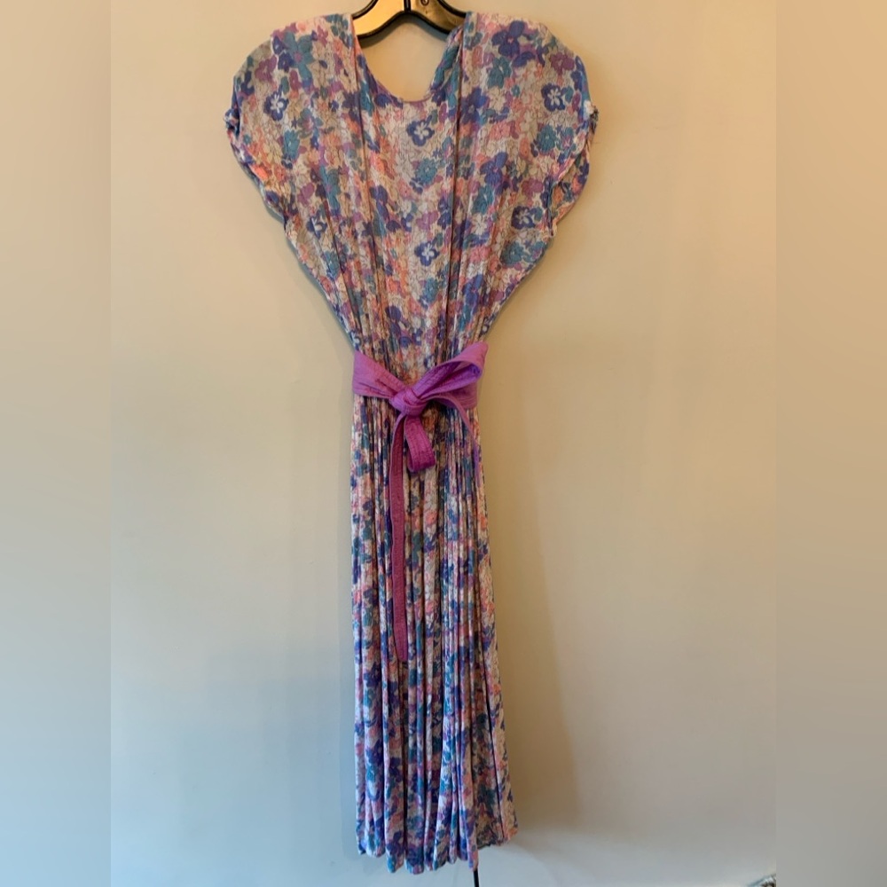 BILA of California 80's Floral Pleated Dress with Purple Bow